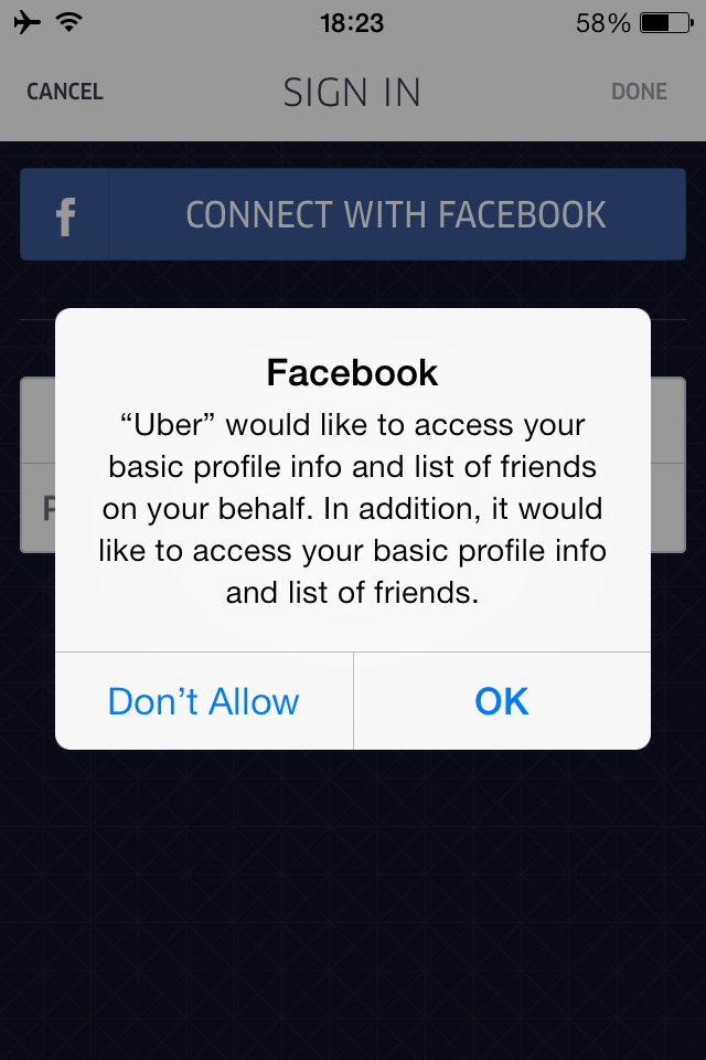 Sử dụng nút CONNECT WITH FACEBOOK để đăng ký UBER nhanh gọn lẹ