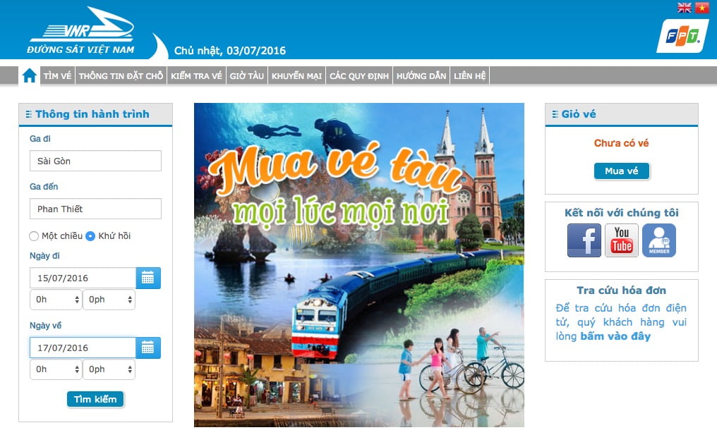 Giao diện trang web vetau.com.vn