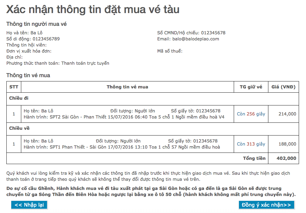 Xác nhận thông tin mua vé tàu. Các bạn bấm Đồng Ý xác nhận để tiến hành thanh toán vé