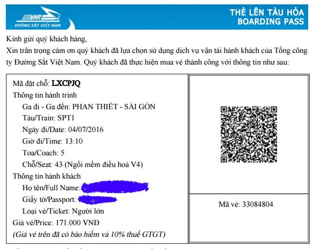 Vé điện tử sau khi thanh toán thành công