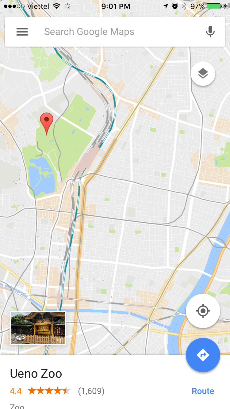 Địa điểm bắt đầu: Ueno Zoo, Tokyo. Bấm vào biểu tượng mũi tên ở góc dưới màn hình để bắt đầu tìm đường đi
